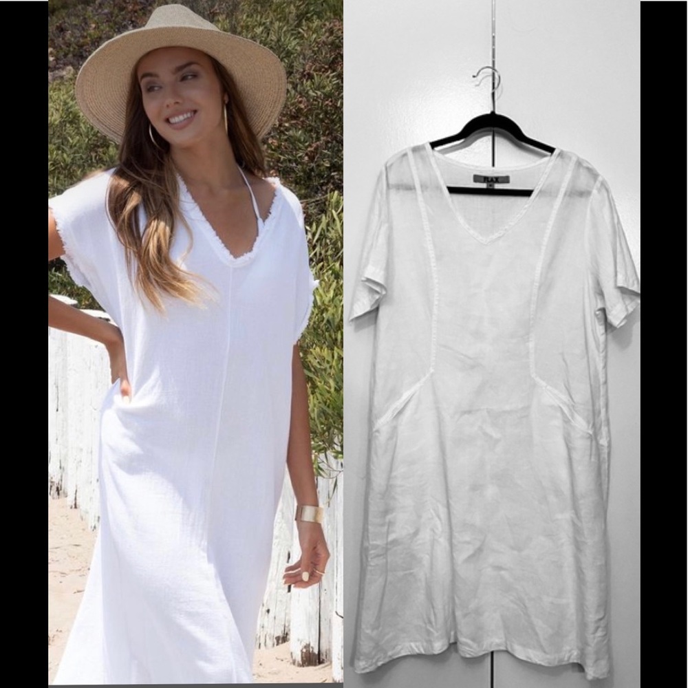 nwot FLAX med white Pockets Linen casual comfy A line dress short sleeve